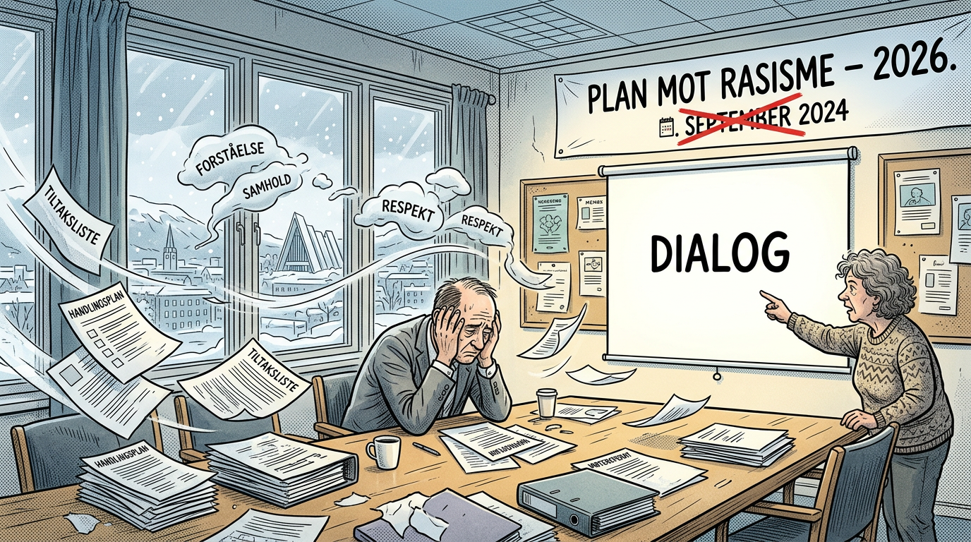 Tegneserieaktig illustrasjon av et kaotisk møterom med dokumenter i luften og en person med hendene i hodet, med en PowerPoint-skjerm som viser 'Dialog' og et skilt om plan mot rasisme med overstreket dato.