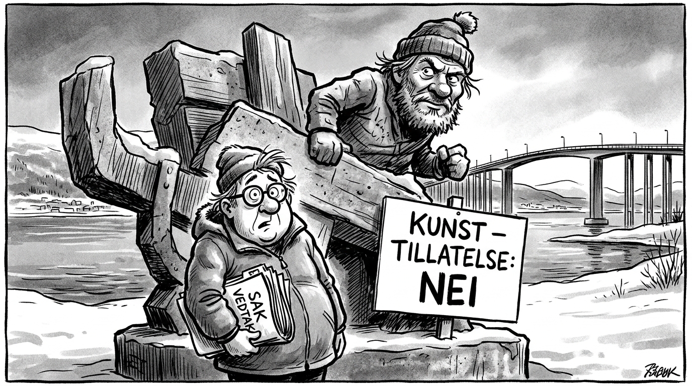 Byråkrat foran Oluf-kunstverk med mappe