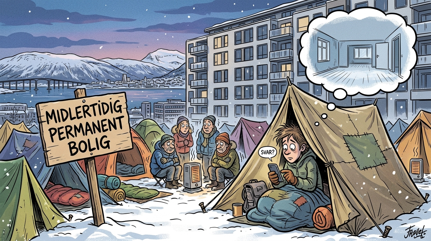 Illustrasjon som viser en teltleir utenfor et moderne leilighetskompleks i Tromsø, med et skilt som sier 'Midlertidig permanent bolig' og en person som sender en melding til en utleier med teksten 'Svar?' og en tankeboble med et tomt hus.